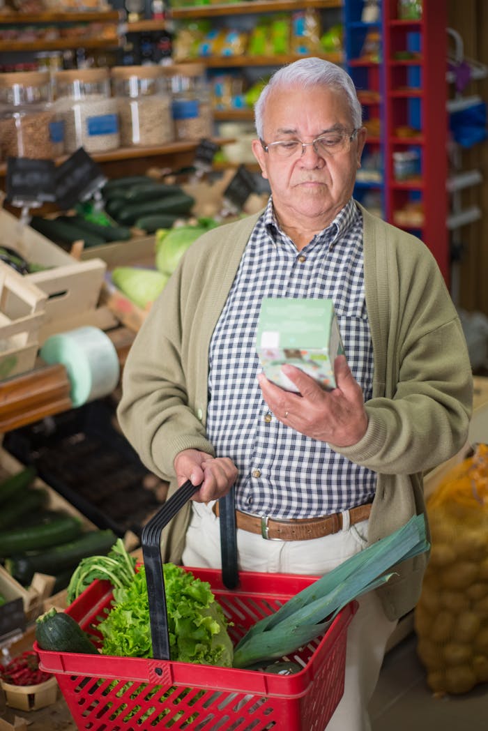 Servicios Elderly man holding a shopping basket in a grocery store, examining a product.